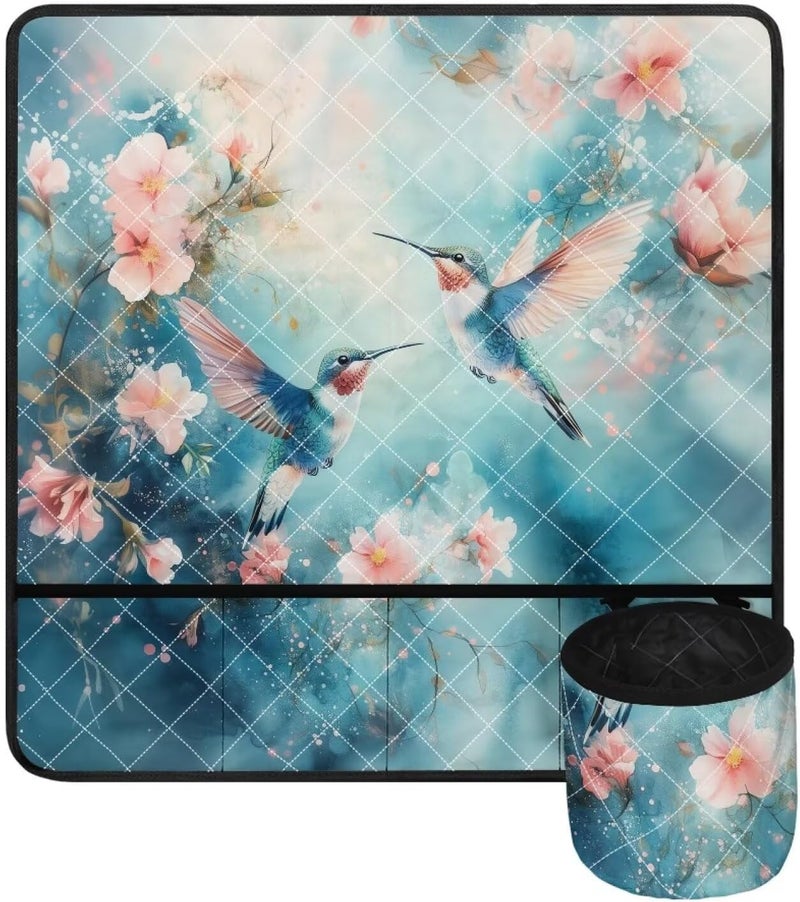 Kathyboom Sewing Machine Mat for Table Teal Hummingbirds Cherry Blossoms Non Slip with Pockets to Reduce Vibration for Most Sewing Machines Home Decor - Image 1
